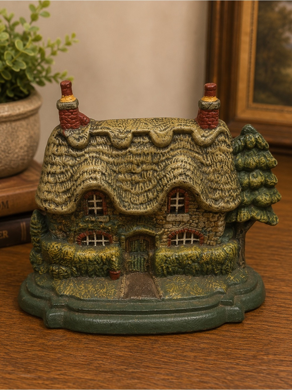 English cottage doorstop heavy cast iron hand-painted thatched roof design